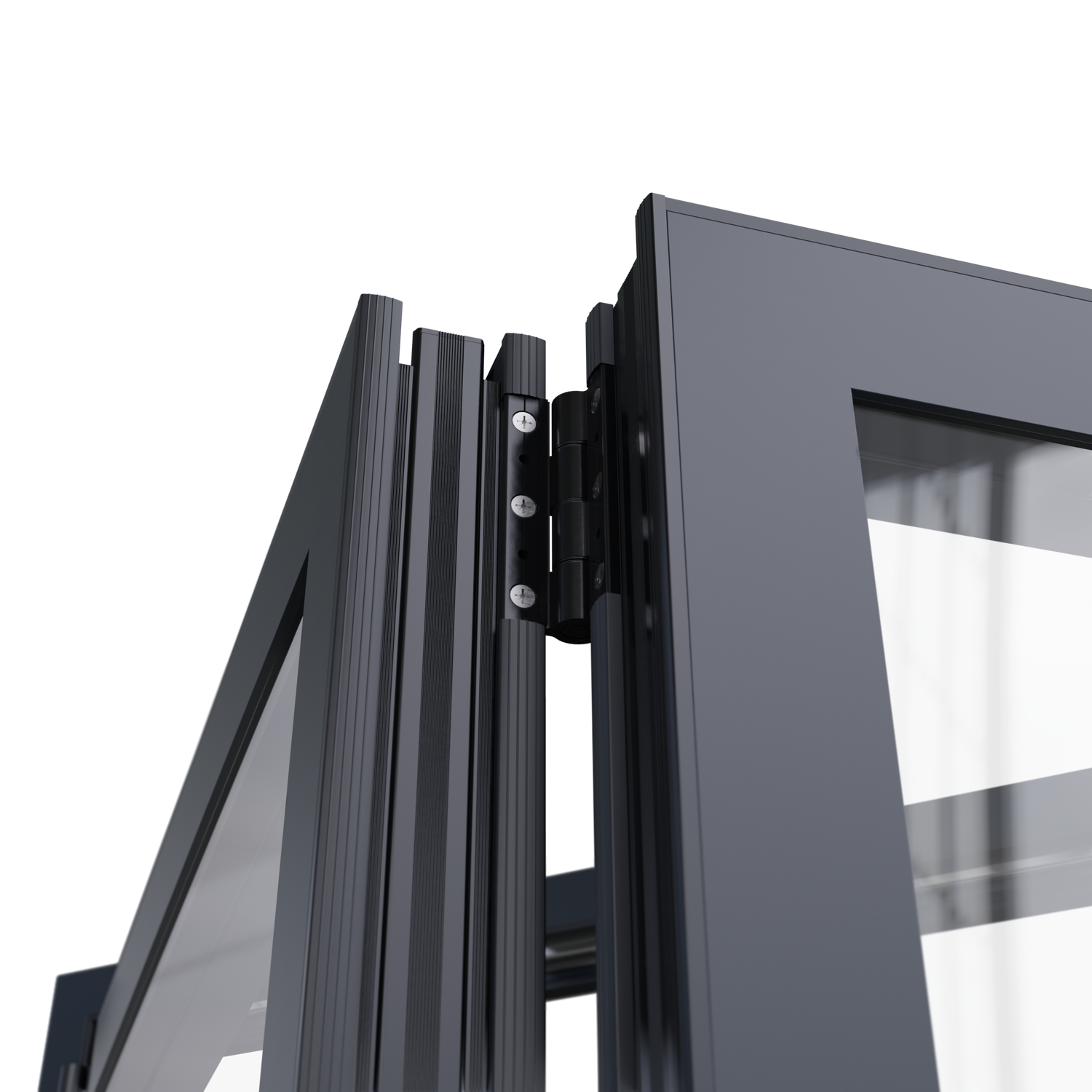 Image of an opened bifolding door, focused on the hinges